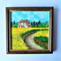 Italy landscape painting, Wildflowers acrylic painting, Impasto landscape painting, Rustic floral wall art, Framed art