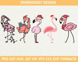 Christmas Flamingo Machine Embroidery Design, Pink Flamingo in Christmas Lights Embroidery File 3 size