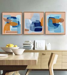 Set Of Three Posters, Abstract Painting. Blue Yellow Art. Printable Wall Art, Abstract Shapes. 3 Piece Prints, Triptych