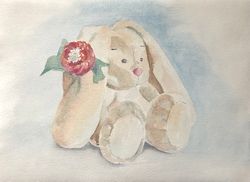 Cute bunny toy painting children room wall art original watercolour hand painted modern painting