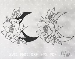 Crescent moon svg Boho Peony Moon png celestial clipart Floral cut file Luna svg Flower Line drawing SVG file for Cricut