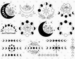 Moon phases bundle SVG & PNG Celestial clipart, Peony Floral