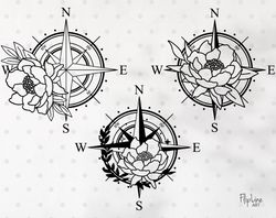 Peony Compass rose SVG & PNG clipart, Floral Compass Clipart
