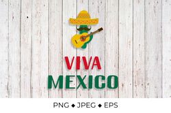 Viva Mexico lettering with sombrero, cactus and guitar
