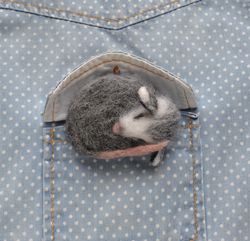 Cute sleeping opossum replica animal brooch for women Needle felted wool replica pin Handmade realistic opossum gift