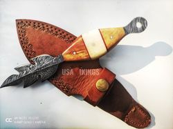 Hunting Bowie Knife , Custom Hand Made Damascus Bowie With Engraved Leather Sheath, Damascus Hunting Knife,