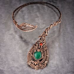 malachite and jasper collar necklace / unique copper wire wrapped open choker / wire wrap art
