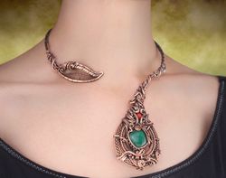 malachite and jasper collar necklace / unique copper wire wrapped open choker