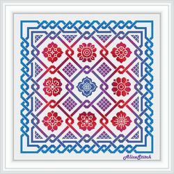 Cross stitch pattern Panel Celtic knot Sampler flowers Monochrome ornament abstract pillow counted crossstitch patterns
