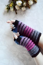 Mittens knitted striped  Multicolored wool hand warmers