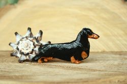 Brooch long haired dachshund figurine - brooch or dog show ring clip/number holder, cast plastic, hand-painted