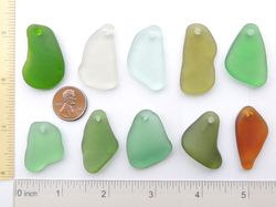 10 GENUINE top drilled sea glass beach surf tumbled beautiful for jewelry 28-38 mm in length, colorful multicolor