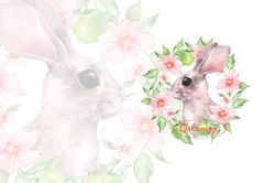 Rabbit and flowers. Watercolor bunny clipart PNG. Digital download
