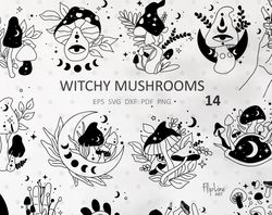 Witchy Magic Mushrooms SVG & PNG bundle clipart, Moon phases
