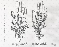 Wildflower SVG & PNG botanical clipart, Hand with flowers.