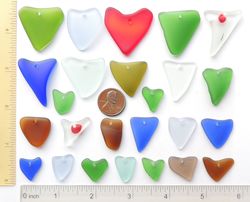 25 RECYCLED HANDMADE top drilled sea glass HEARTS for jewelry 16-33 mm in length, colorful multicolor
