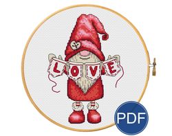Valentine gnome for cross stitch pattern