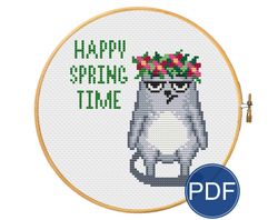 Happy spring time. Grumpy cat for cross stitch pattern