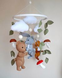 Woodland nursery crib mobile with bear, bunny, fox. Baby shower gift. Woodland nursery decor.
