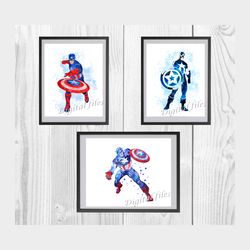 Captain America Marvel Superhero set Art Print Digital Files decor nursery room watercolor