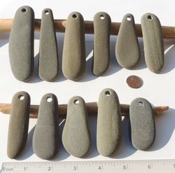 11 GENUINE top drilled LARGE sea pebbles LARGE sea rocks surf tumbled beautiful for pendant 57-101 mm in length