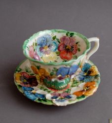 Pansies Cup and saucer, Porcelain Flowers Tea Set, Multicolored violets, Volumetric decor ,Hand painted inside cup,