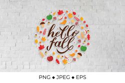 Hello fall calligraphy in round frame of leaves and acorns