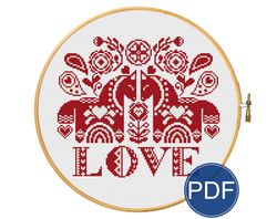 Love. Dala horse for cross stitch pattern red & white