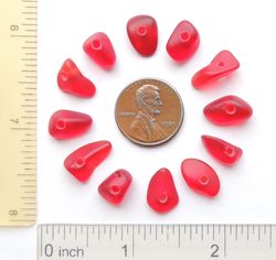 12 RECYCLED HANDMADE center drilled small sea glass for jewelry 10-14 mm in length, beautiful red