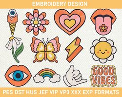 Hippie Embroidery Designs, Groovy Machine Embroidery Design, Good Vibes Embroidery Design 3 size