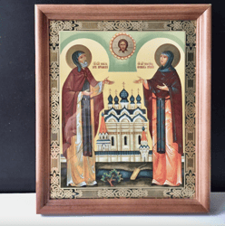 Peter and Fevronia of Murom | Icon Gold Foiled in Wooden  frame with Glass | Size: 7" x 9,5" | Handcrafted