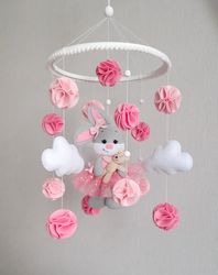 Baby girl nursery mobile with bunny ballerina. Baby shower gift. Pink nursery decor.