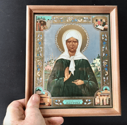 Saint Matrona of Moscow | Icon Gold Foiled in Wooden  frame with Glass | Size: 7" x 9,5" | Handcrafted