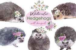 Watercolor clipart. With bouquets clipart. Woodland hedgehog. Watercolor set of cute hedgehogs with beautiful bouquets