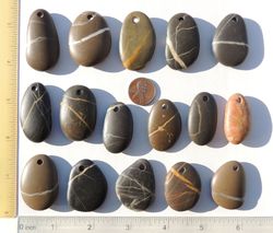 16 GENUINE top drilled sea pebbles sea rocks sea glass surf tumbled beautiful for jewelry 34-39 mm in length