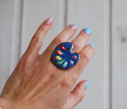 Large ring Artist Palette Blue Porcelain Jewelry Ceramic Ring Rainbow Painter Porcelain One size ring Gift to the artist