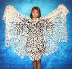 White crochet Russian shawl, Hand knit Orenburg cape, Wool shoulder wrap, Goat down stole, Warm bridal cover up,Kerchief