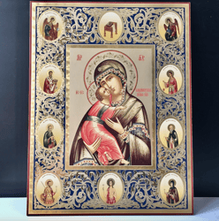 Vladimir Mother of God with 10 hagiographical border scenes | XLG Gold foiled icon on wood | Size: 15 7/8" x 13 1/8"