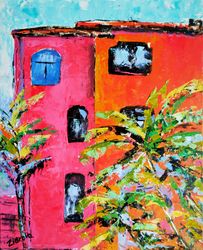 Mexico Painting Original Art Oil Painting Red Mexican House Artwork Mexican Art Small Impasto Mexican Painting 10" by 8"