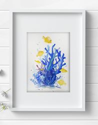 Corals and fish Watercolor Wall Decor 8"x11" art painting by Anne Gorywine