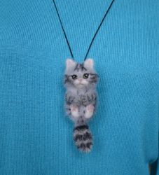 Gray cat necklace pendant for women Needle felted cute cat figurine keychain Handmade cat jewelry Cat lover gift
