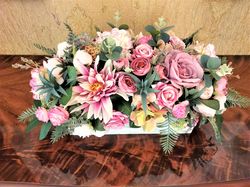 Silk flower centerpiece, Roses, dahlias and hydrangea arrangement, Summer floral table décor, Faux flowers table decor,