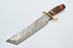 RARE CUSTOM DAMASCUS STEEL BOWIE HUNTING KNIFE STAG ANTLER HARD WOOD HANDLE