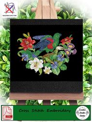 Vintage Cross Stitch Green parrot and flowers