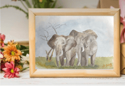 Elephants animal painting living room wall art original watercolour hand painted modern painting
