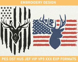 Deer USA Flag Embroidery Designs, Hunting Deer Flag Embroidery Design, Deer distressed flag Embroidery Design, Bu 3 size