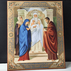 Candlemas of the Lord Jesus in the Temple | Large XLG Silver and Gold foiled icon on wood | Size: 15 7/8" x 13 1/8"