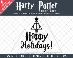 SALE: Harry Potter Clip Art SVG DXF PNG PDF - Deathly Hallows Christmas Tree Happy Holidays Design & FREE Font!