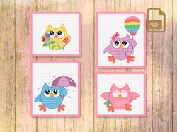 Set of 4 Patterns Owls for Kids Cross Stitch Patterns