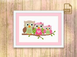 Owls Family Cross Stitch Pattern